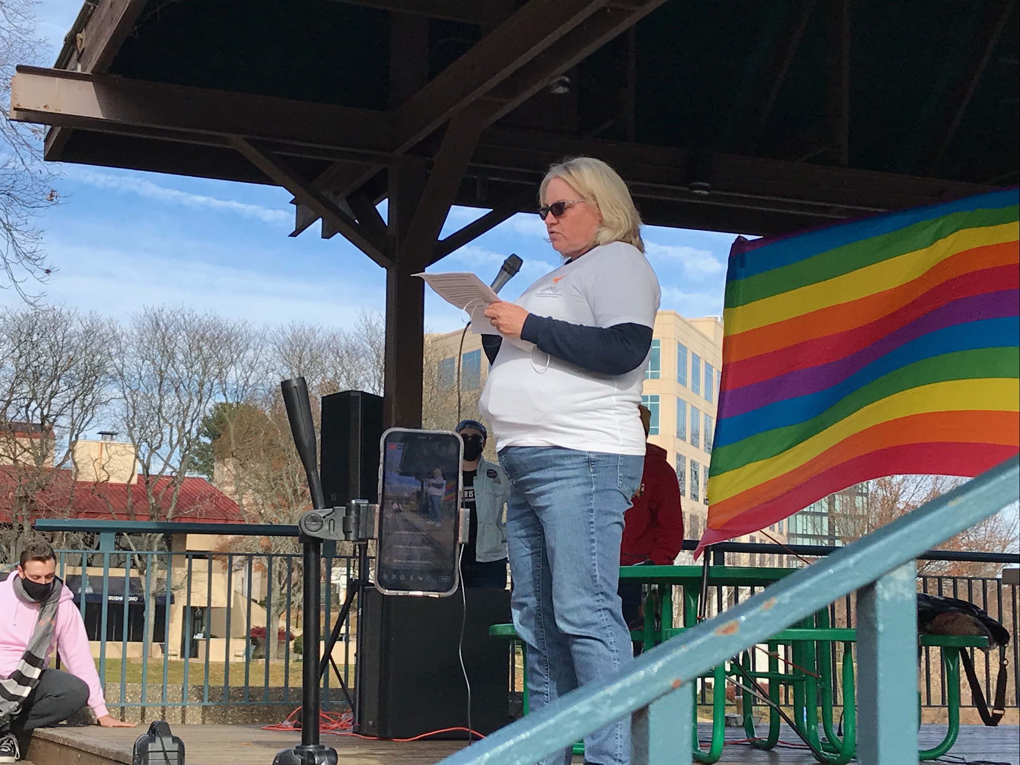 Karin Emery Secretary of Progressive Democrats of Howard County gives a speech at LGBTQ+ equity rally in Columbia MD